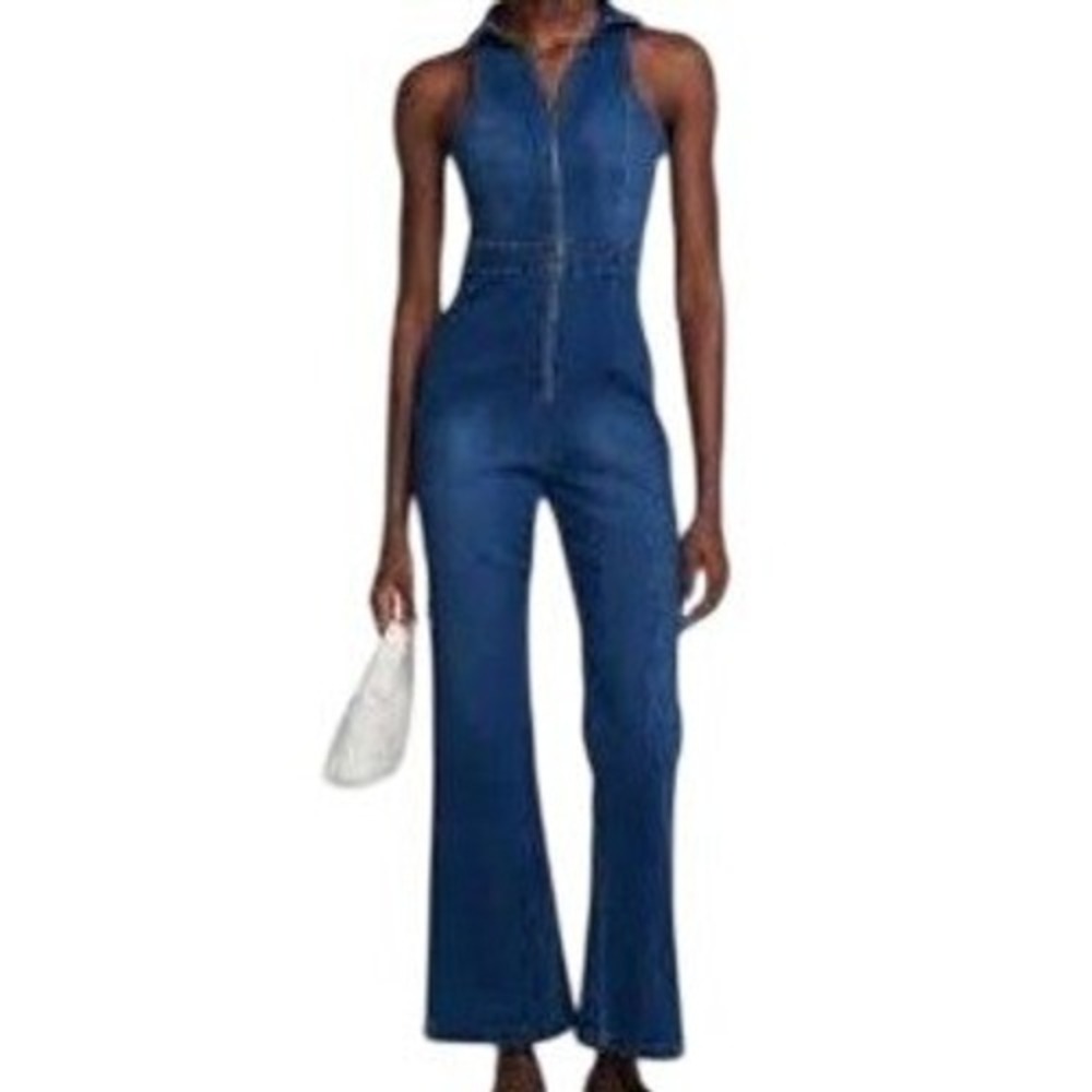 Women's Retro High Waist Flare Leg Denim Jumpsuit Zip Front Size Large